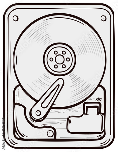 Vintage Styled Hard Disk Drive Illustration With Disk and Head - Digital Data Storage Concept