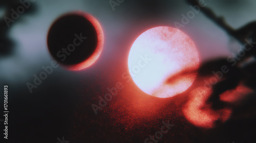 Red glowing planets with grainy red light atmosphere