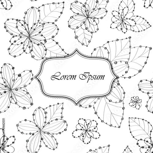 Hand drawn ink line flowers with dot black color on white. Background with banner tender, gently. cute, beautiful.