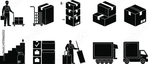Silhouette vector illustration of delivery workers, moving boxes, loading trucks, stacking packages, handling storage logistics, and transportation process icons.