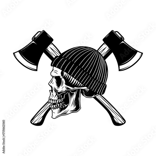 Crossed axes with lumberjack skull svg cut file. Isolated vector illustration.