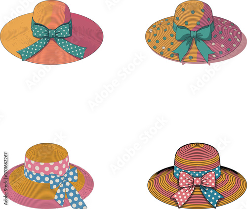 Four elegant sun hats with colorful bows, perfect for summer fashion.