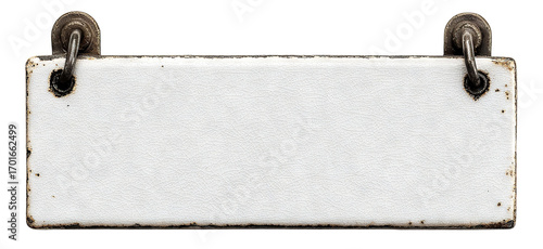 Vintage ceramic nameplate with metal rings, isolated on transparent cutout background