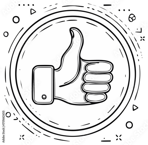 Thumb up hand gesture graphic in circular frame, positive symbol
