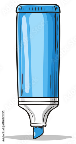 Hand drawn cartoon illustration of a single blue highlighter marker pen