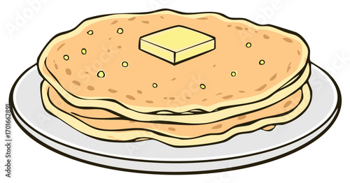 Stack of pancakes with butter on plate. Breakfast, dessert, illustration.