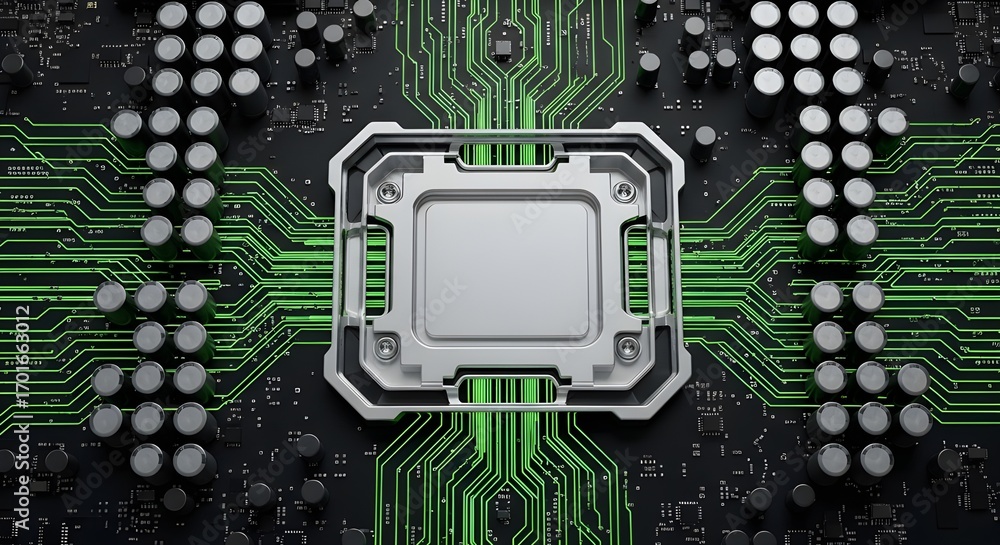 Fototapeta premium CPU Processor Chip on Circuit Board - Close-up of Computer Hardware for Technology and Engineering