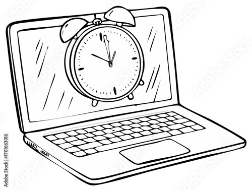 Laptop Displaying a Vintage Alarm Clock Drawing Time Management Illustration