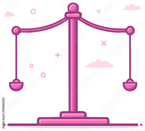Pink Balance Scale Illustration with Abstract Shapes and Clouds