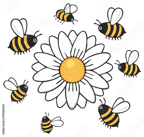 Cartoon bees buzzing around a large daisy illustration