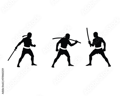 Silhouettes of three warriors in dynamic poses holding swords representing martial arts and combat training against a white background