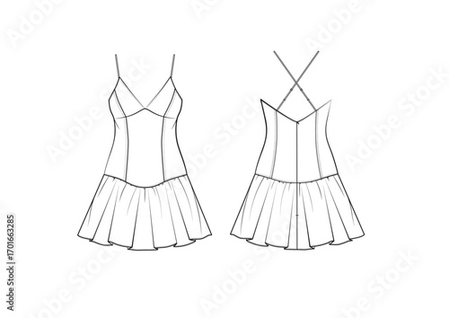 Women Ruffle Hem Mini Dress With Cross Back Strap, Front & Back View, fashion flat sketch, Front & Back View, Editable Flat Technical Drawings Illustration,Dress Mock up