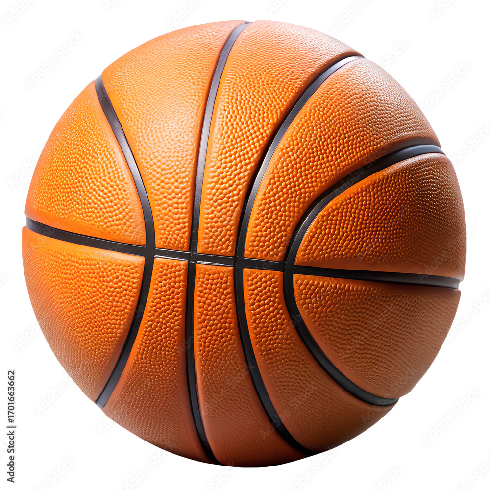 Fototapeta premium A standard orange basketball with black lines, isolated on a transparent background, perfect for sports photography, advertising, and athletic themes