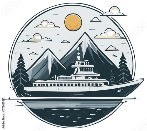 Cruiseliner voyage surrounded by mountains and evergreen trees under the sun in a nature circle emblem art