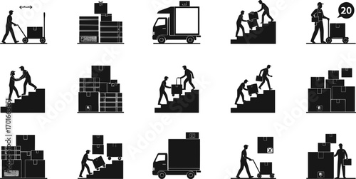 Silhouette vector illustration of delivery workers carrying packages, stacking boxes, loading trucks, moving cargo upstairs, and handling logistics transportation process.