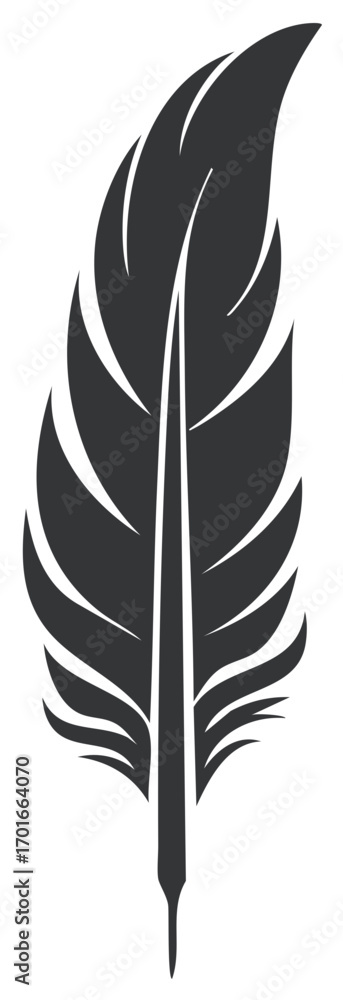 Obraz premium Stylized quill feather vector icon. Black and white bird plumage silhouette.