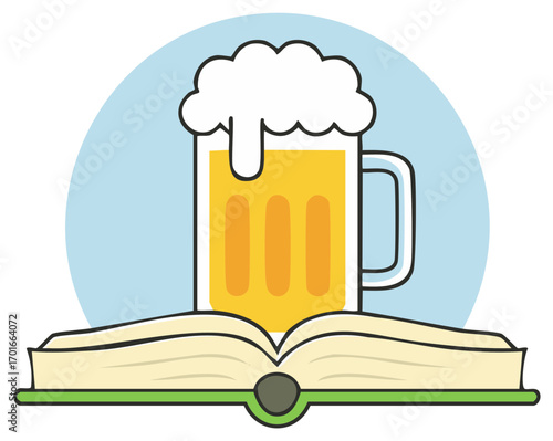 Illustration of a beer mug with frothy head resting on an open book