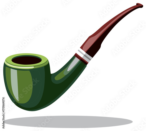 Isolated vintage green smoking pipe with dark brown stem, vector illustration on white background.