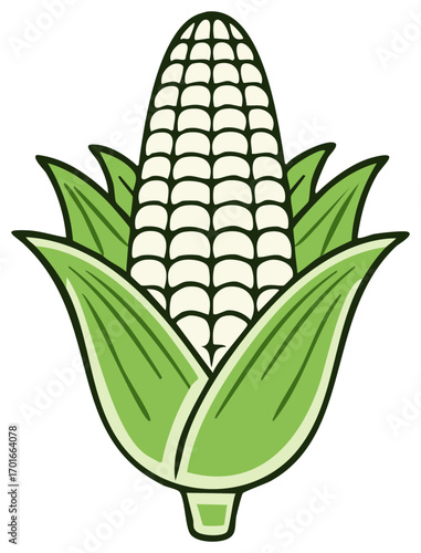 Stylized illustration of a ripe corn cob with green husks and kernels