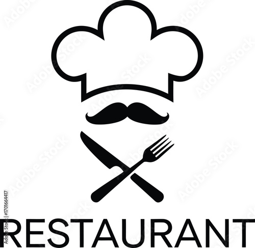 Restaurant Chef Hat Mustache with Fork and Knife Logo Icon Vector