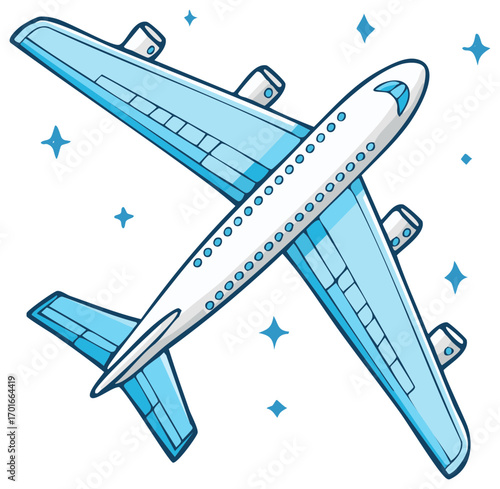 Whimsical blue passenger airplane soaring through the air with delightful sparkles