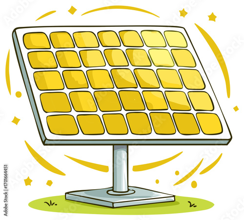 Cartoon Solar Panel Generating Clean Energy with Yellow Sparkles and Green Grass