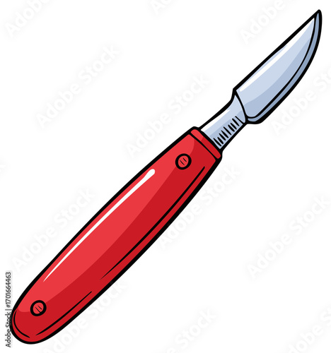 Cartoon illustration of a red scalpel, medical tool, surgical instrument.