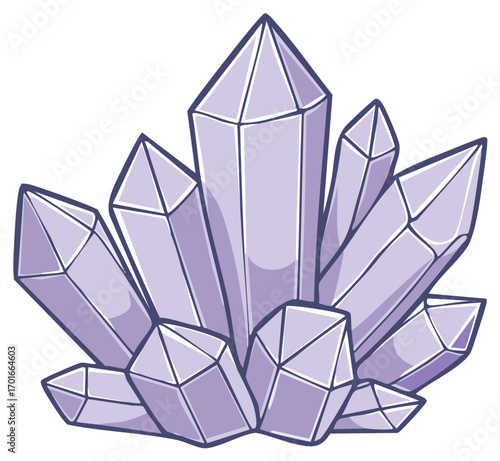 Purple crystals graphic with outlines, illustration of mineral stone