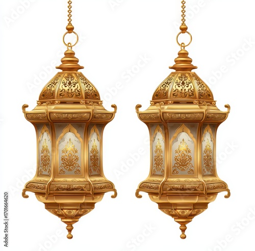 Two ornate gold hanging lanterns, intricate details