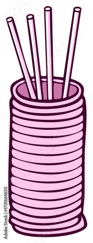 Cartoon pink container filled with multiple pink drinking straws in a fun style