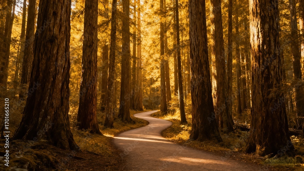 Fototapeta premium Winding Path In Autumn Forest, Landscape With Golden Trees And Sunlight