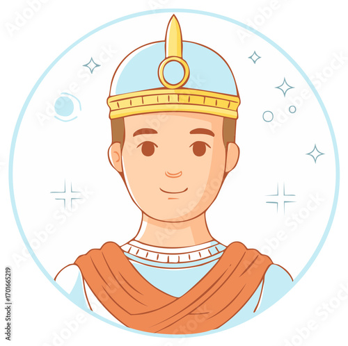 Cartoon illustration of a young man dressed in ancient Roman attire inside a blue circle, vector
