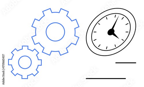 Two interlocking gears beside a clock representing productivity, time optimization, and workflow efficiency. Ideal for management, planning, teamwork, progress, organization, strategy simple flat