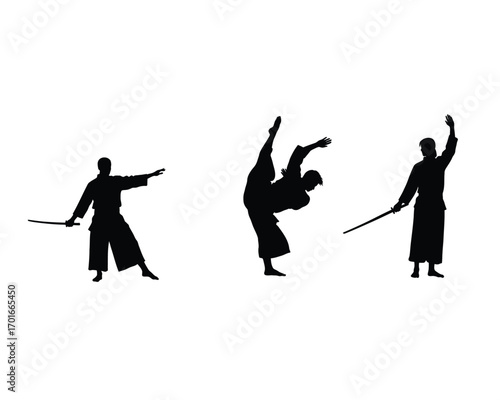 Silhouettes of martial artists performing dynamic combat stances and acrobatic moves with swords against a white background