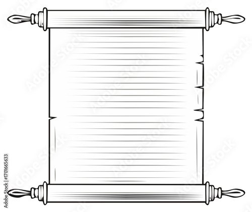 Old Style Paper Scroll, Hand Drawn Parchment Scroll with Wooden Rods, Isolated Blank Scroll for Calligraphy