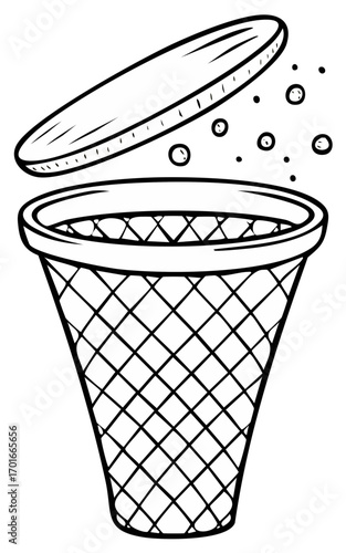 Cartoon style line drawing of a waste basket with a lid opening and small circular particles escaping