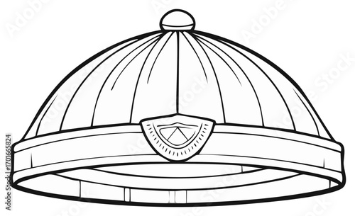 Illustration of a traditional Asian headdress with shield and round knob on top, outline style
