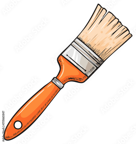 Orange Handle Paintbrush Illustration Isolated Against White Backdrop, Painting and Home Improvement Supply with Bristles
