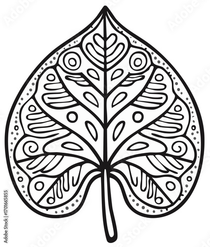 Detailed Leaf Design with Intricate Patterns for Coloring Books or Botanical Illustrations