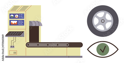 Conveyor machine with control panel, tire, and quality check symbols. Ideal for manufacturing, quality assurance, process automation, factory workflow, industry inspection, product testing simple