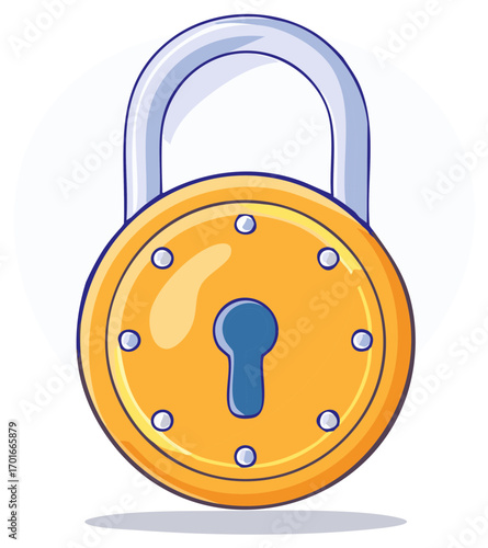 Circular golden padlock with a blue keyhole and silver shackle