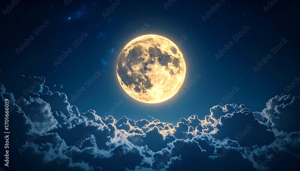 Obraz premium A captivating full moon illuminating a night sky filled with dramatic clouds and stars