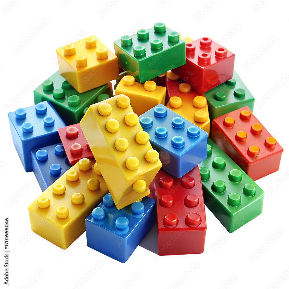 Obraz premium A colorful pile of building blocks, including red, blue, yellow, and green plastic bricks, scattered on a transparent background, representing creativity and childhood play