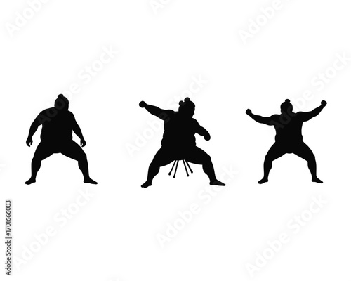 Three silhouettes of a person in a hooded outfit in dynamic poses against a white background