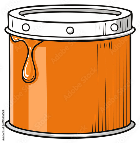 Vibrant orange paint can with a fresh drip spilling over the side in a bold cartoon style