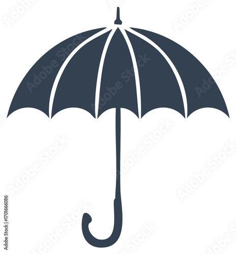 Simple open umbrella icon vector illustration. Classic dark blue parasol symbol for weather protection.