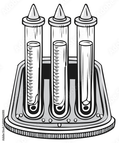 Illustration of three test tubes with liquid inside, set in a gray stand in a lab, chemistry tools