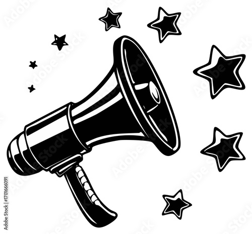 Classic megaphone with stars illustration for important announcement and broadcast