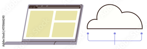 Laptop with web interface connected to a stylized cloud via digital nodes. Ideal for cloud computing, data storage, online communication, network technology, web hosting, SaaS solutions, simple flat