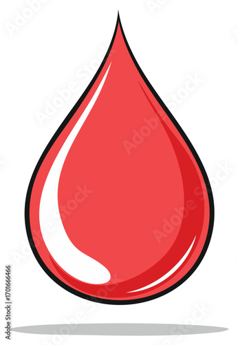 Stylized Red Blood Drop with Black Outline and Reflection